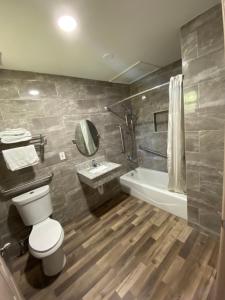 a bathroom with a toilet and a sink and a tub at Red Carpet Inn Daytona Beach in Daytona Beach +19 photos