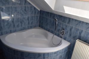 y baño de azulejos azules con bañera. en FERIENHAUS FISCHER en Zweibrücken