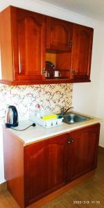 a kitchen with wooden cabinets and a sink at Guesthouse Kohári in Egerszalók