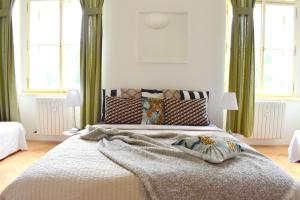 um quarto com uma cama grande e cortinas verdes em Wellness apartments Florenc em Praga