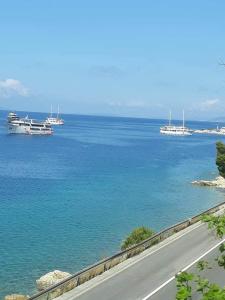 a road next to the ocean with boats in the water at APARTMANI LAŠTRO in Jesenice