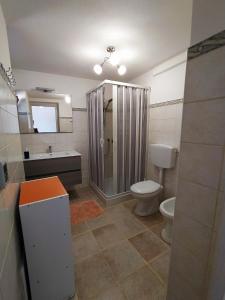 a bathroom with a shower and a toilet and a sink at Agriturismo da Pina in Porto Conte