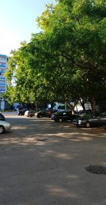 un parcheggio con auto parcheggiate sul lato di una strada di Apartman Savić a Bar