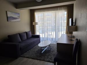 a living room with a couch and a table at Apartament Czarna Góra S6 in Sienna