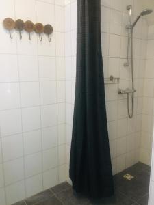 a shower with a black shower curtain in a bathroom at Guesthouse "Cosmea" in Olst
