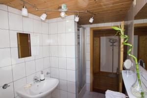 a bathroom with a sink and a toilet and a mirror at Kehrerhof in Ellbögen