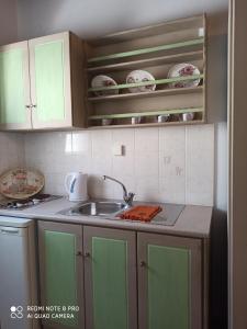 uma cozinha com armários verdes e um lavatório em Maniatis Garden em Achladies