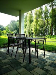 una mesa y sillas en un patio en Fűzliget Mangó Terrace, en Balatonfűzfő