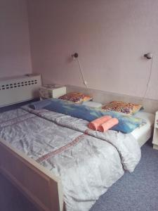 Bett in einem Zimmer mit zwei Kissen darauf in der Unterkunft Apartment Kalku 2 in Riga