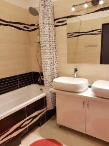 a bathroom with a sink and a tub and a shower at Center Rooms in Jarosław