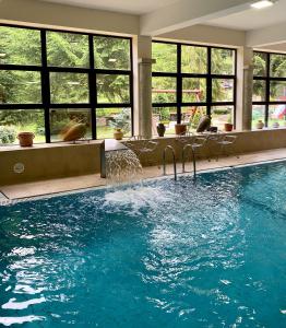 una piscina con una fuente en una habitación de hotel en Hotel Fero Lux en Korbielów