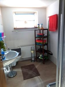 ein Bad mit einer Badewanne, einem Waschbecken und einem Fenster in der Unterkunft An der Alten Ziegelei in Borna