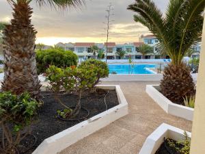 a resort yard with a swimming pool and palm trees at Las Torres del Castillo, 108Cactus in Costa de Antigua