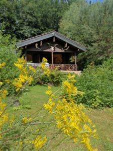 um gazebo num jardim com flores amarelas em Blockhaus am Twistesee mit 3 Schlafzimmern em Bad Arolsen