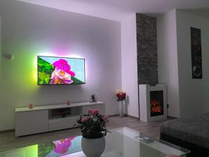 a living room with a tv and a fireplace at Guesthouse L&K in Brinje