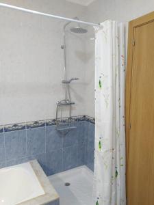 y baño con ducha y cortina de ducha. en Anduriña 2, en Monforte de Lemos