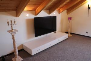 sala de estar con TV de pantalla plana grande en la pared en Maisonette Deluxe by fewo-amperland, en Olching