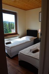 two beds in a room with a window at Apartment pod Lysou in Frýdlant nad Ostravicí
