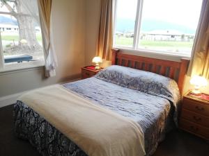 1 dormitorio con 1 cama y 2 ventanas en Te Anau Lodge en Te Anau