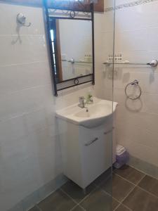 La salle de bains est pourvue d'un lavabo, d'un miroir et d'une douche. dans l'établissement Rockwall Avoca Beach, à Avoca Beach