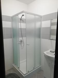a glass shower in a bathroom with a sink at Apartmány Stdaniela in Bohumín