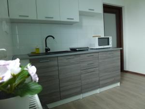 a kitchen with a sink and a microwave at Apartmány Stdaniela in Bohumín