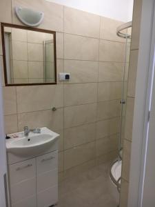 La salle de bains est pourvue d'un lavabo, d'un miroir et d'une douche. dans l'établissement Stary Dom Zdrojowy, à Krynica-Zdrój