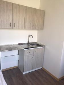 a kitchen with a sink and wooden cabinets at Mini Hotel Sevan in Sevan