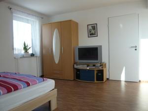 a bedroom with a bed and a tv on a table at Am Moos in Isny im Allgäu