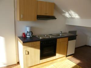 a small kitchen with a stove and a sink at Am Moos in Isny im Allgäu