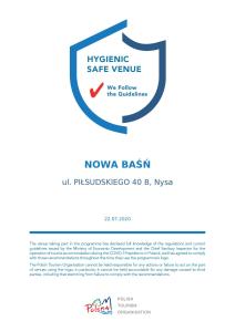 Certifikát, ocenenie alebo iný dokument vystavený v ubytovaní Confero Nowa Baśń