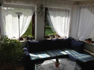 a living room with a blue couch and two windows at Ferienwohnung Mühlbach in Isny im Allgäu