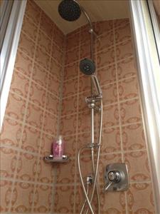 a shower in a bathroom with a shower head at Ferienwohnung Mühlbach in Isny im Allgäu