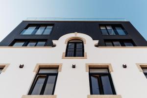 a building with windows and a black roof at Sal da Terra in Nazaré