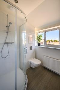 a bathroom with a shower and a toilet and a window at Modern studio - 10min walk to the sea in Liepāja