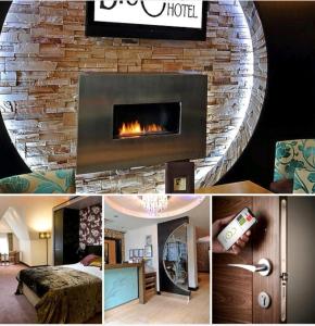 een collage van foto's van een hotelkamer met een open haard bij The BlueBell Hotel in Neath