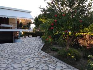una pasarela de piedra con un manzano en un jardín en Ήσυχο σπίτι στη Ναύπακτο en Nafpaktos