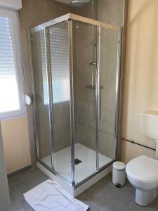 La salle de bains est pourvue d'une cabine de douche et de toilettes. dans l'établissement Chambre d'hôtes Champagne Laval Louïs, à CumiÃ¨res