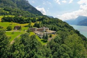 莫尔沙赫B&B Hotel Mattli Übernachtung Frühstück的享有湖畔小山上的度假胜地的空中景致