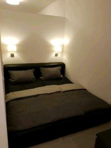 ein Schlafzimmer mit einem Bett mit zwei Kissen und zwei Lichtern in der Unterkunft Altenbeken- Ferienwohnung in Altenbeken