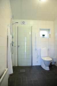 uma casa de banho com um WC e uma cabina de duche em vidro. em Alingsås Golfklubb em Alingsås