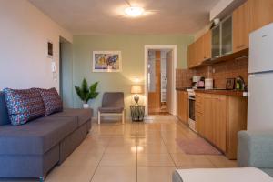 a living room with a couch and a kitchen at Irini Apartments in Kavála