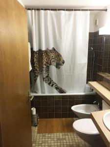 einem Leoparden in einer Badewanne im Bad in der Unterkunft Disentiserhof C502 in Disentis