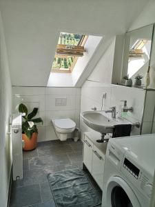 uma casa de banho com um lavatório e uma máquina de lavar roupa em Ferienwohnung "Weinbergblick" im Winzerdorf em Leinsweiler