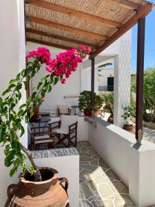 un patio con fiori rosa in un vaso su un edificio di Antheia a Chora Folegandros