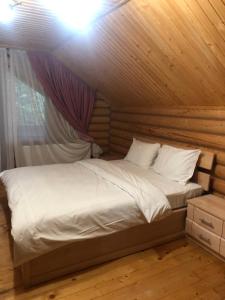 a bedroom with a bed in a wooden cabin at Коттедж Luky in Migovo