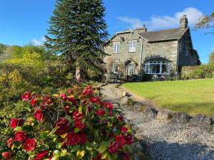 una vieja casa con rosas rojas delante de ella en Elterwater Park Farmhouse Bed and Breakfast en Elterwater