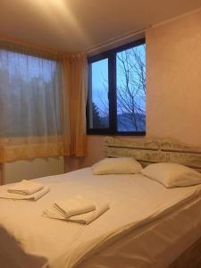 Una cama con dos servilletas y una ventana. en Pensiunea Lostrita, en Buhalniţa