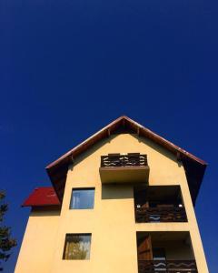 a tall building with a roof on top of it at Pensiunea Lostrita in Buhalniţa