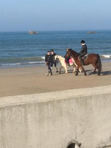 - un groupe de personnes à cheval sur la plage dans l'établissement Studio St Jean, à Bayeux